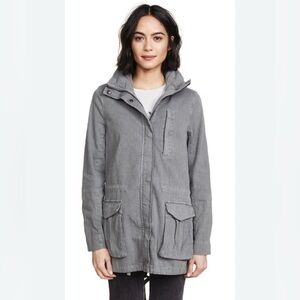 James Perse grey utility style jacket with hidden hood in high neck zip front